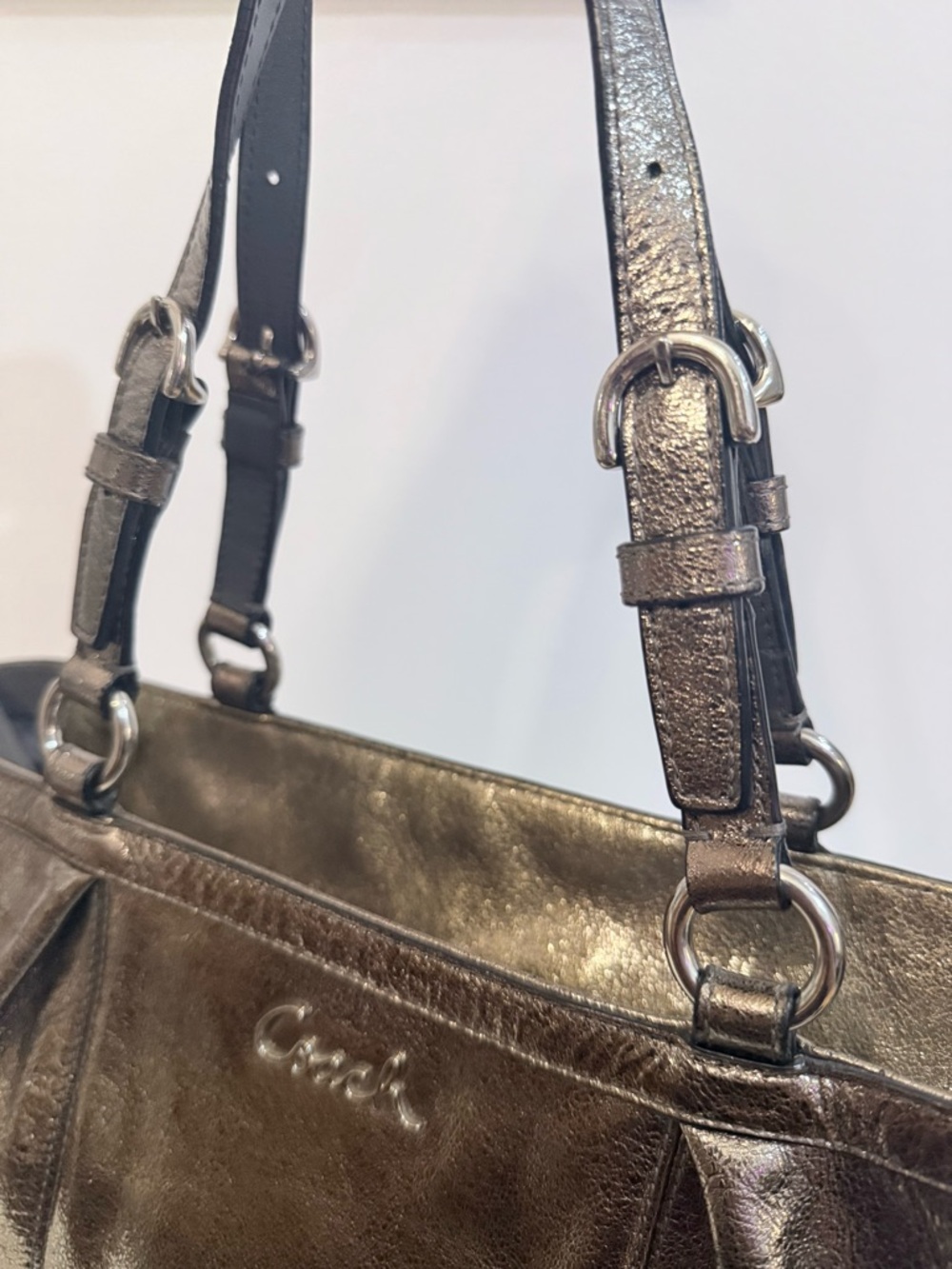 Coach Gallery F17721 Metallic Silver Leather Medium East West Tote Shoulder Bag - Picture 5 of 10